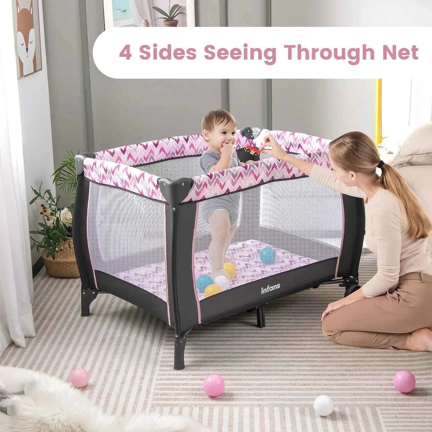 4-in-1 Portable Baby Playard with Bassinet, Changing Table, Canopy & Toys for Newborns to Toddlers (Pink)