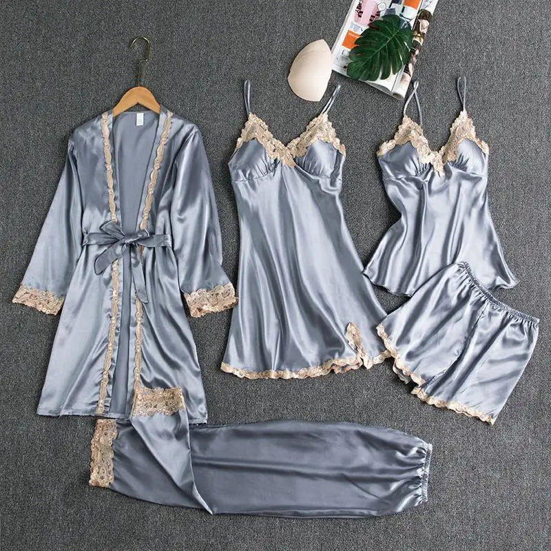 Customizable Sleepwear Female 5PCS Pajamas Set Satin Pyjamamas Lace Bridal Wedding Nightwear Rayon Home Wear Nighty&Robe Suits