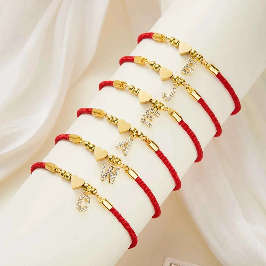 New Gold Stainless Steel Heart Initial Letter Bracelet - Red Rope Charm Jewelry for Men & Women, Lucky Gift