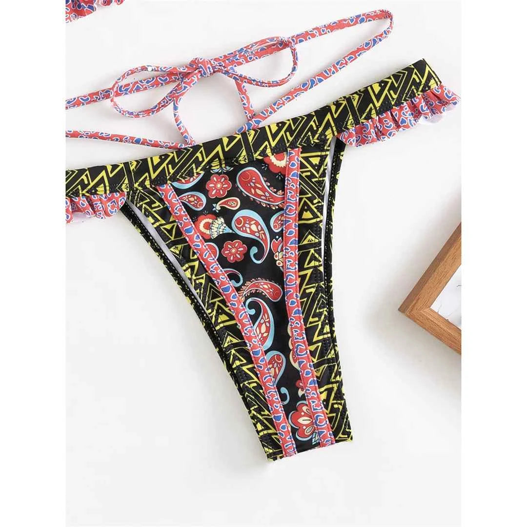 5 Colors Sexy Printed Halter Frilled Bikini Women Swimwear Female Swimsuit Two-pieces Bikini set Bather Bathing Suit Swim V4651