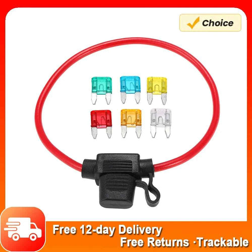 12V Car Automotive In-Line Mini Blade Fuse Holder Fuses with Splashproof Casing with 6 Fuses 5A 10A 15A 20A 25A 30A