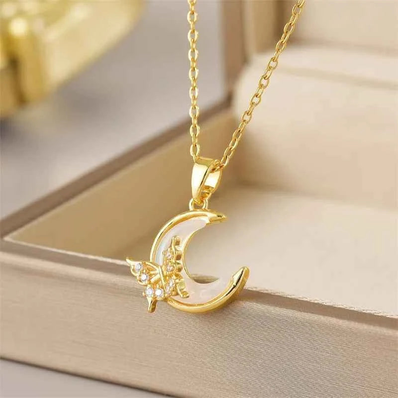 Exquisite Micro Inlaid Zircon Butterfly Tassel Necklace For Women Stainless Steel Moon Butterfly Flower Clavicle Choker Jewelry