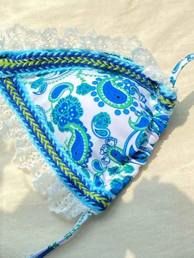 ZRTAK Sexy Swimwear Women Bikinis String Swimming Suit Lace Swimsuit Hight Cut Bathing Suit Micro Folds Halter Two Piece Suit