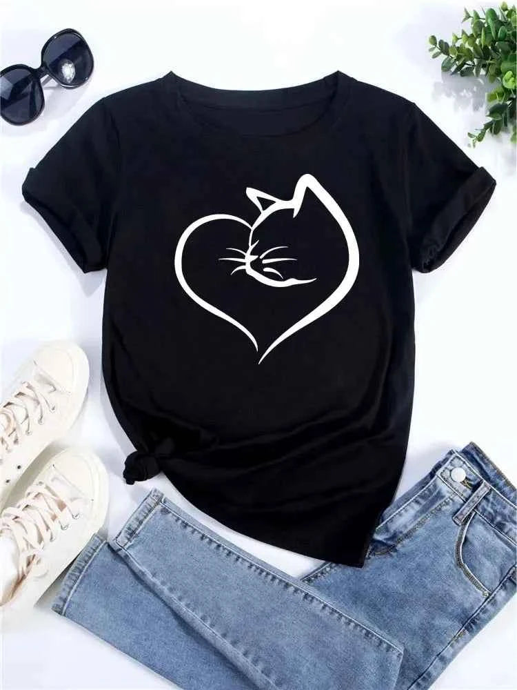 New Cute Love Heart Cat Print Women T-Shirt Casual Short Sleeve Top Summer Women's Clothing Cartoon Streetwear Y2k Clothes