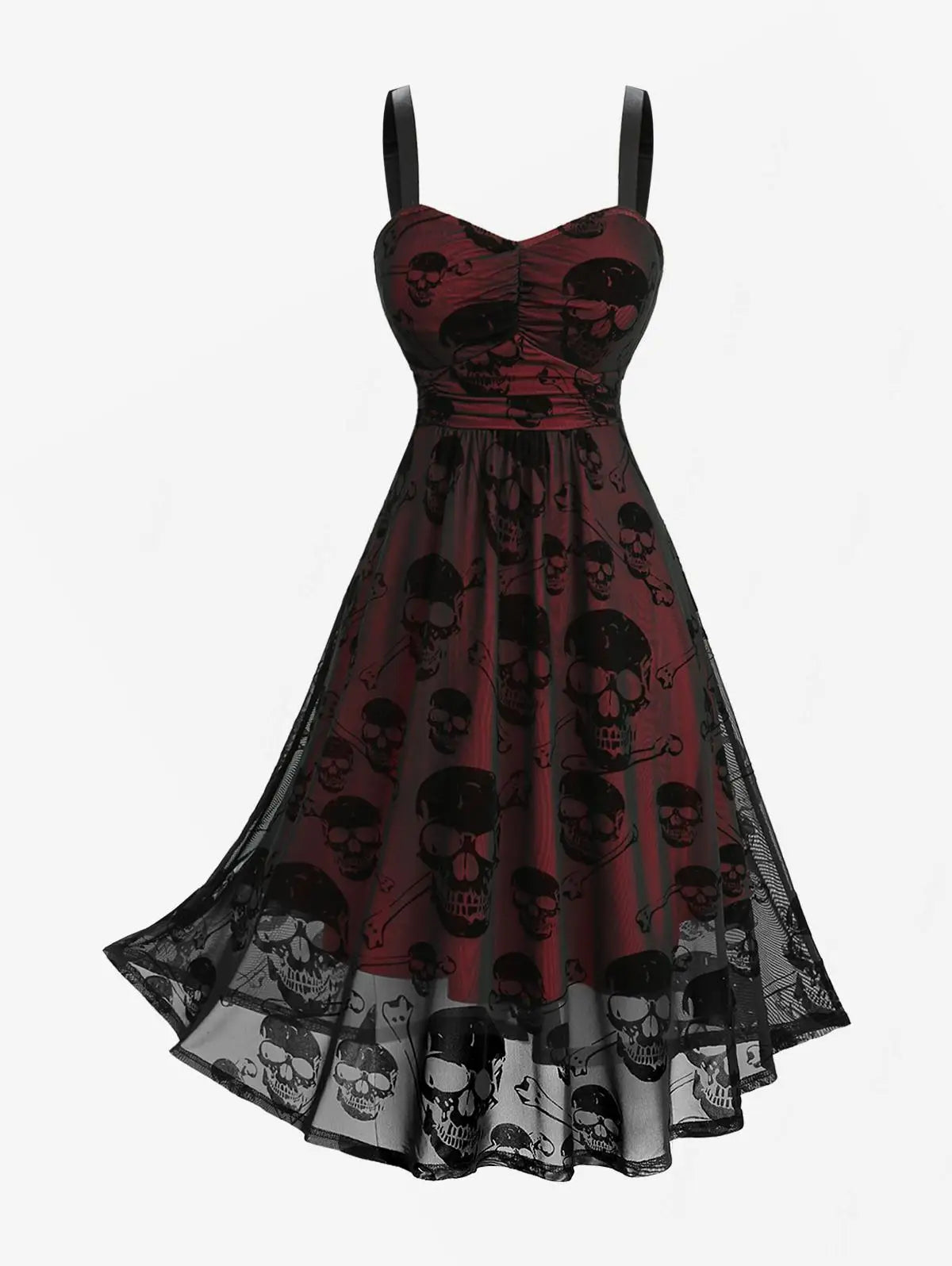 Plus Size Women's Casual Dresses Skull Flocking Mesh Ruched Tank Dress With Lace Trim Button Cover Cape