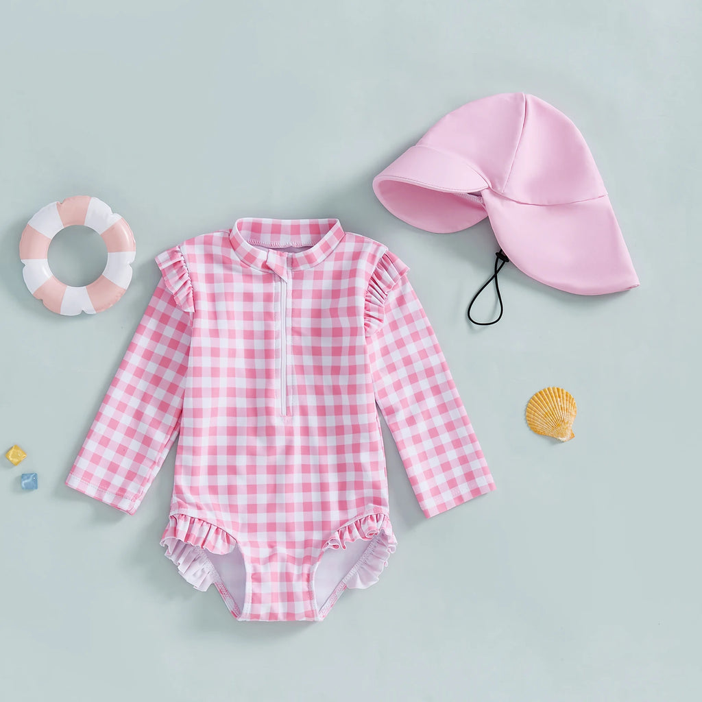 MISOWMNJOY Plaid Print New Girls Swimwear Summer Kids Swimsuit with Hat Zip Up Long Sleeve Crew Neck Baby Girls Swimming Suit