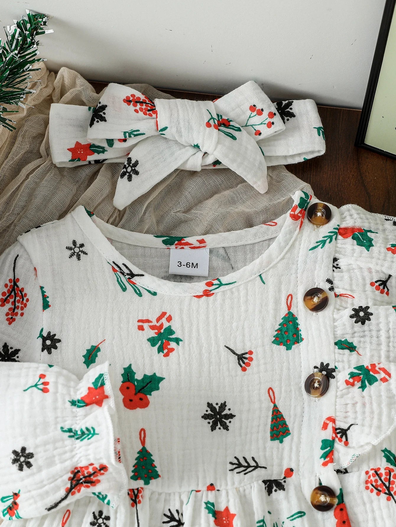 2Pcs Baby Girls Autumn Casual Dress Print Christmas Tree Pink Long Sleeve Knee Dresses With Button Cotton Soft 1-3Y +Headband