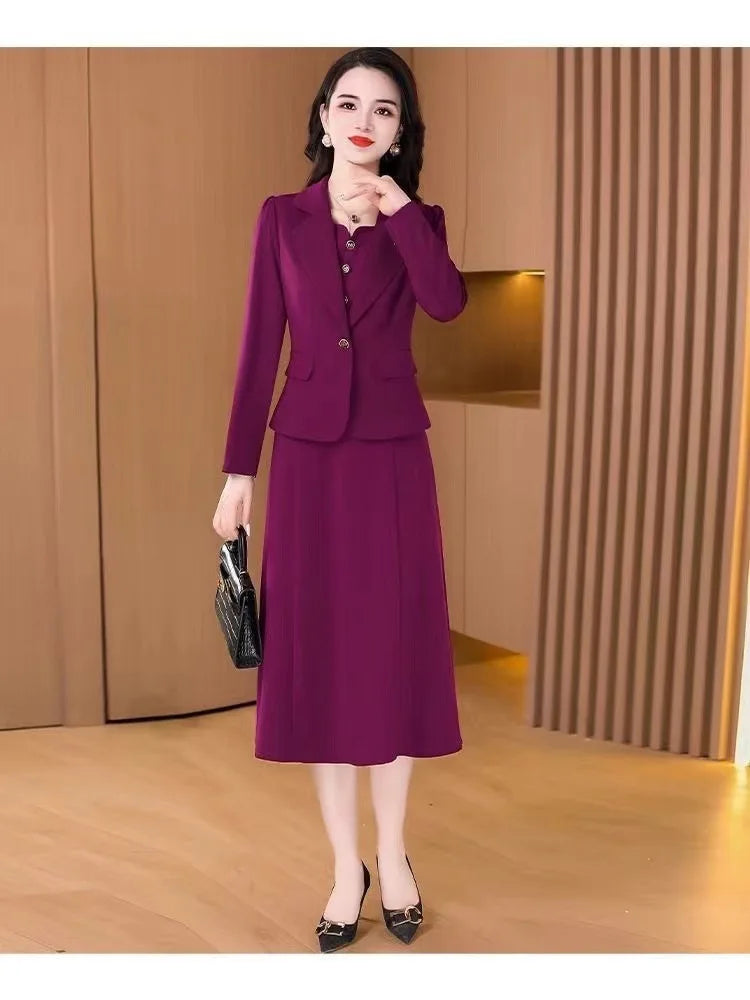 Fashionable Red Two-Piece Set Korean Japanese Style Women's Dress Suit Autumn Spring Lightweight Polyester Commute Style