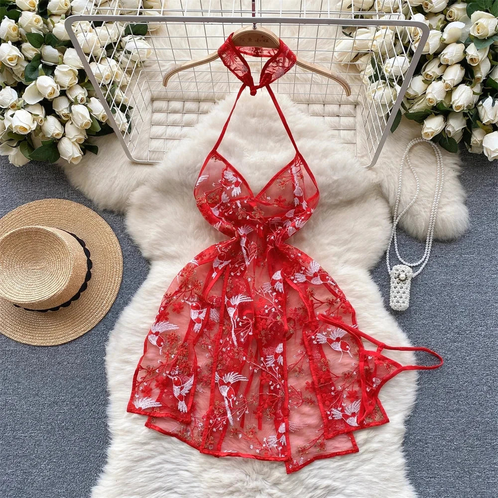 Summer Girls Sexy Hot Sweet Transparent Suspender Mini Dress Women Elastic Waist And Backless Strap Lolita Pajamas Bubble Skirt