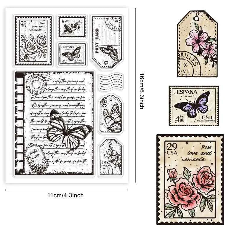 1pc Vintage Butterfly Text Clear Rubber Stamps for Journaling Card DIY Scrapbooking Photo Frame Album Decor 6.3 x 4.3inch
