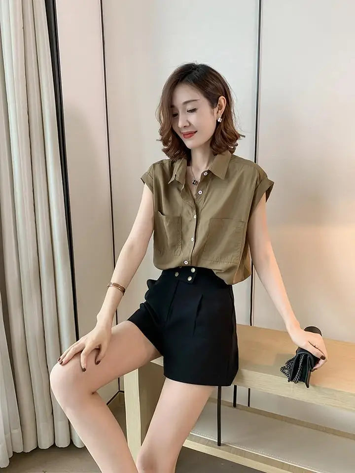 Korean Style Particular Beautiful  Blouses  Tops for Woman Youth Short Sleeve Floral Fashion Sexy Tunic Black Satin Shirt Woman