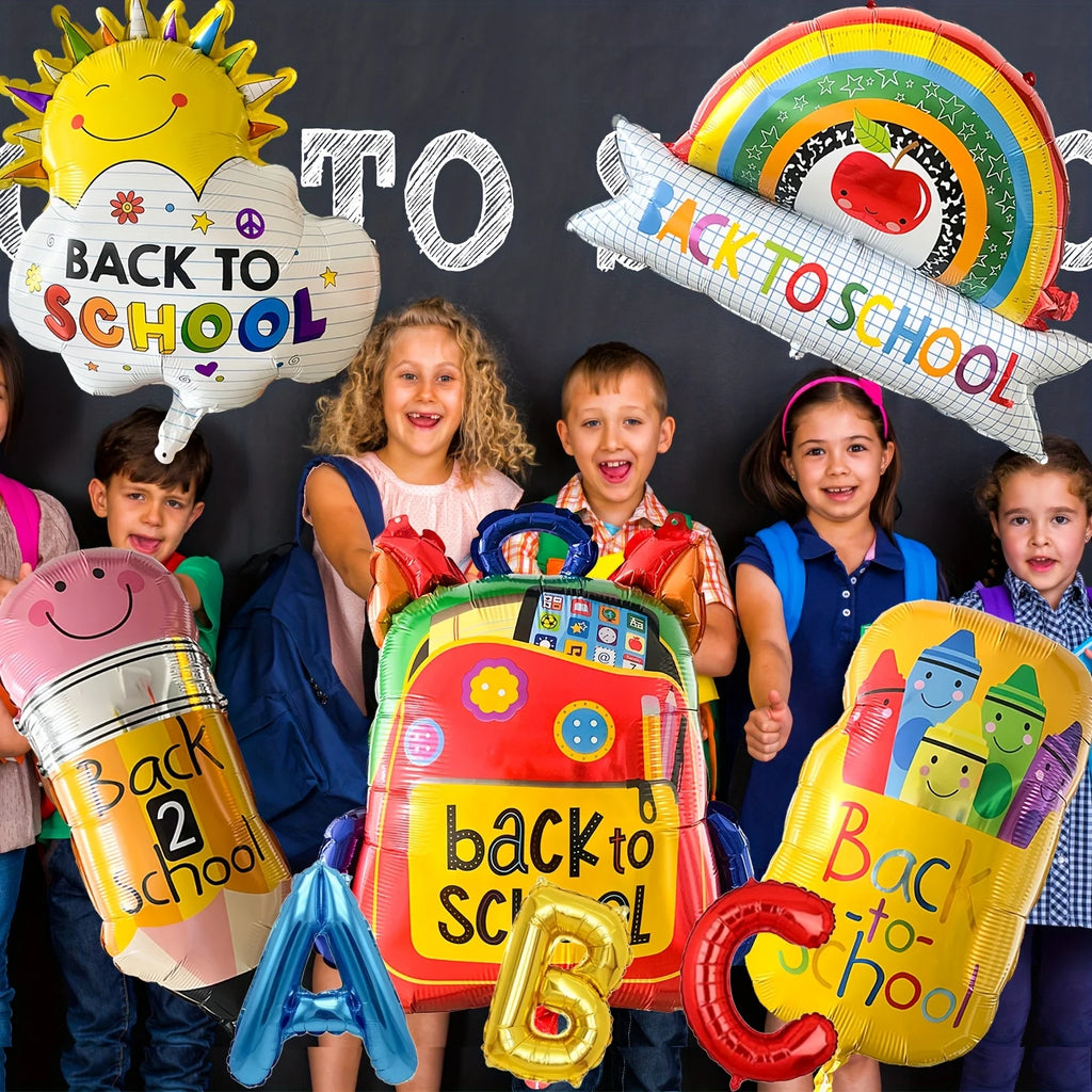 8Pcs Back To School Foil Balloons Large School Bag Pencil Crayon ABC Balloons for Kids Classroom First Day of School Decoration