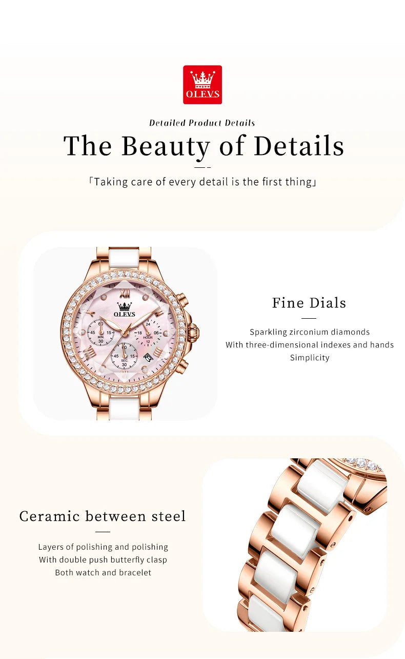 OLEVS 9999 Women Watch Brand Original Elegant Waterproof Chronograph Luxury Ceramic Dress Pink Women Quartz Watch Reloj Mujer