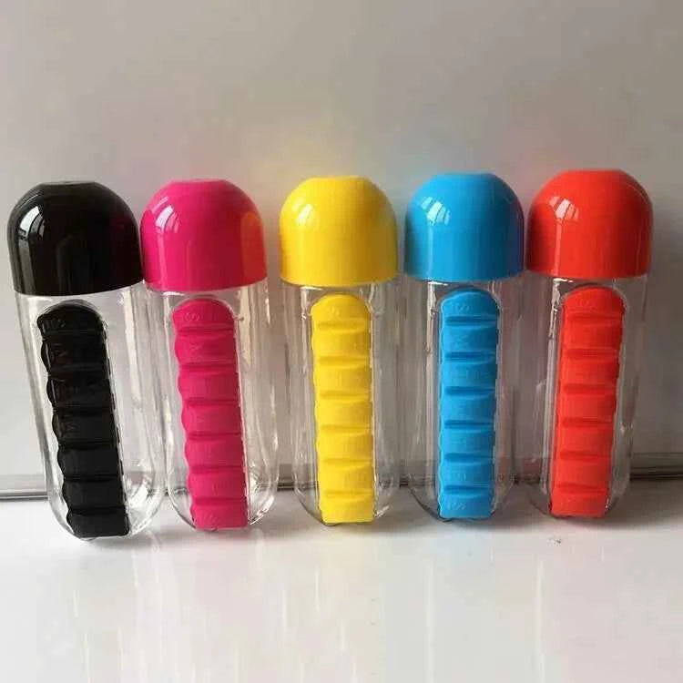 Portable Water Bottle with Built-in Pill Box for Medicines, Vitamins, Perfect for Outdoor, Gym, Fitness, Camping and Traveling