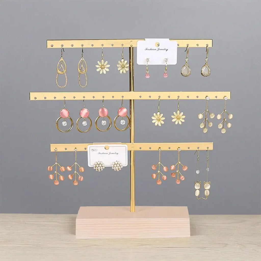 Wooden Base 52-Hole Jewelry Organizer Stand with Metal Earring Holder Rack, Ideal for Home Decor and Wedding Accessories