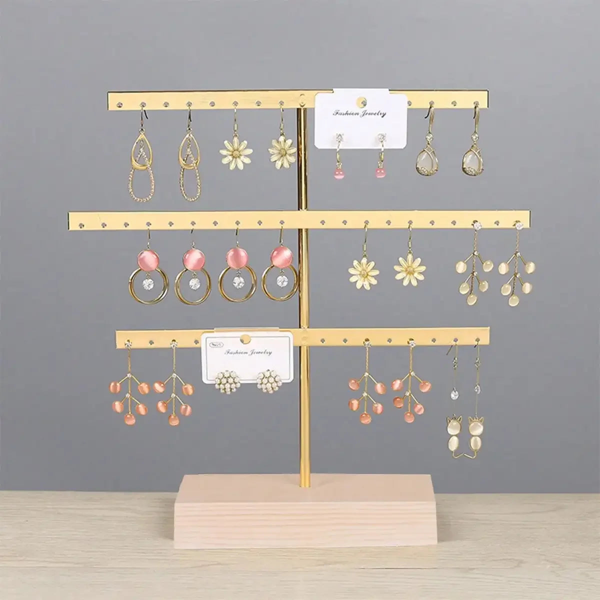 Wooden Base 52-Hole Jewelry Organizer Stand with Metal Earring Holder Rack, Ideal for Home Decor and Wedding Accessories