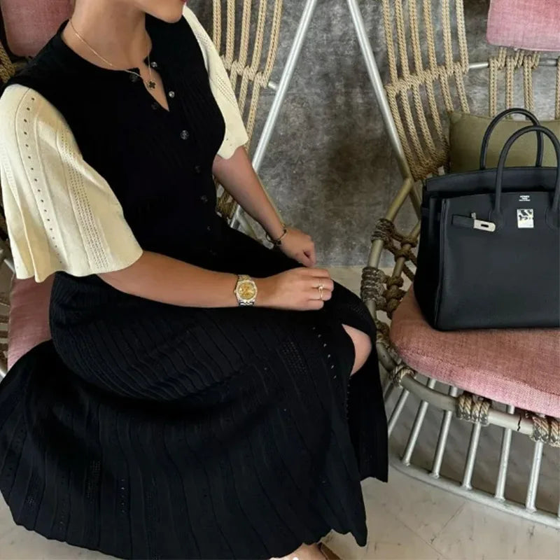 Knitted Women Long Dresses Hollow Out Short Sleeved Women Split Dress O-neck Single Breasted Female Solid Elegant Ladies Robe