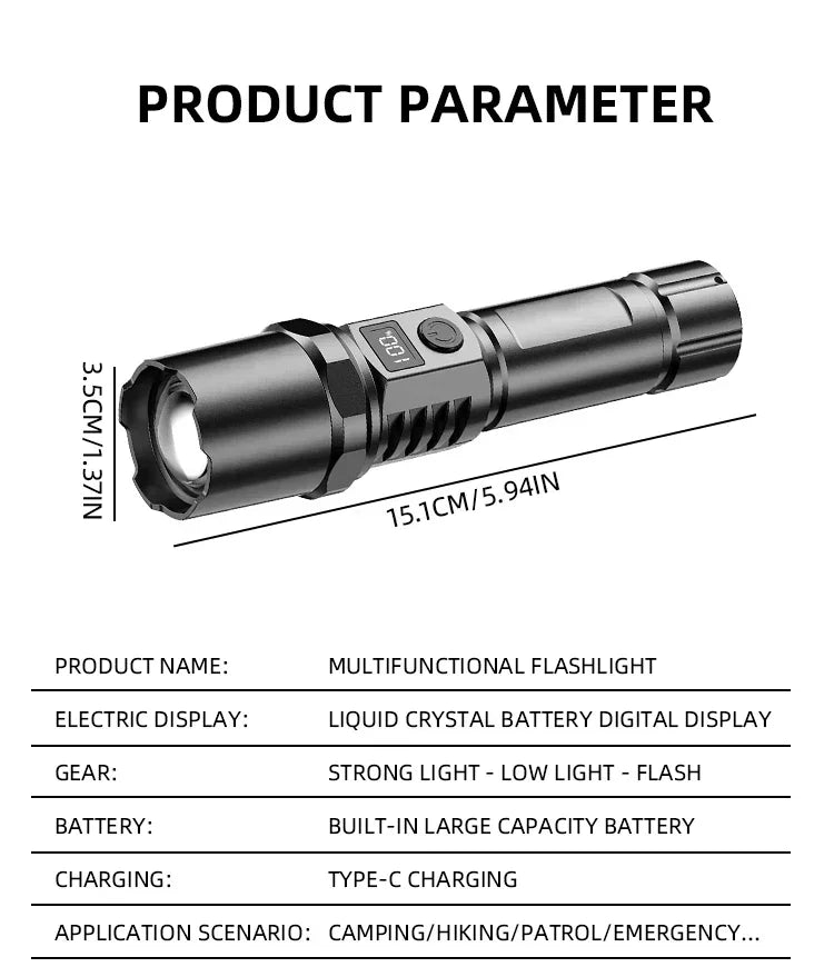 Super Bright LED Flashlight 3 Lighting Modes Built-in Battery Flashlights USB C Rechargeable Zoom Self Defensa Tactical Torch