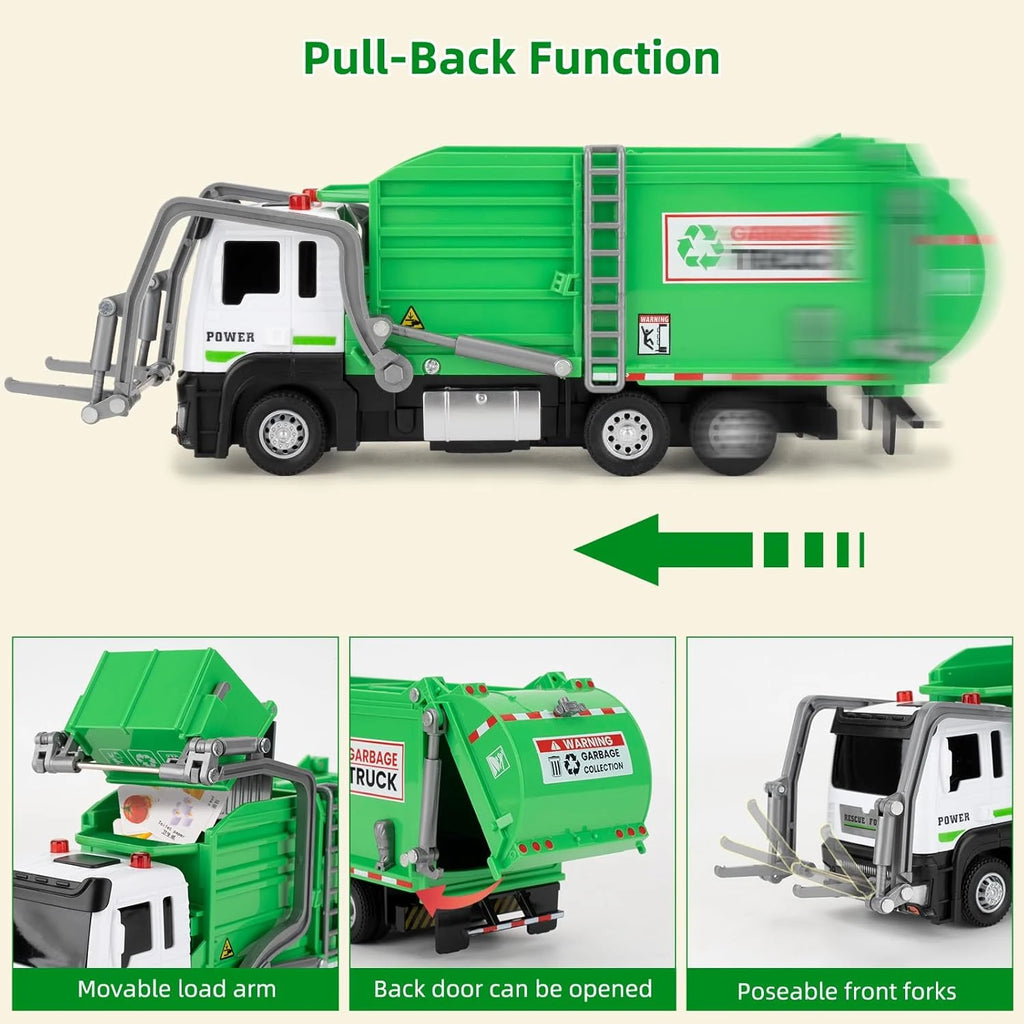 Realistic Garbage Truck Toy Set with Trash Can & STEM Learning Cards | 6+ Years Interactive Pull-Back Vehicle for Boys & Girls,