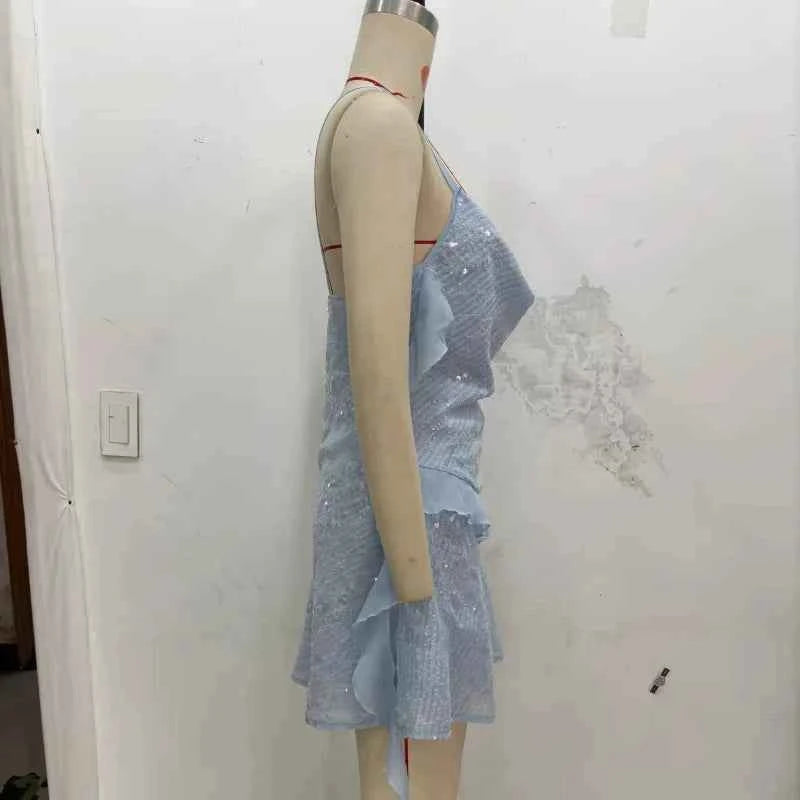 Glitter Flounce Mini Dress Woman Cinched Waist Sleeveless A-Line Halter Dresses Sexy Chic Women's Fashion Summer Short Dresses