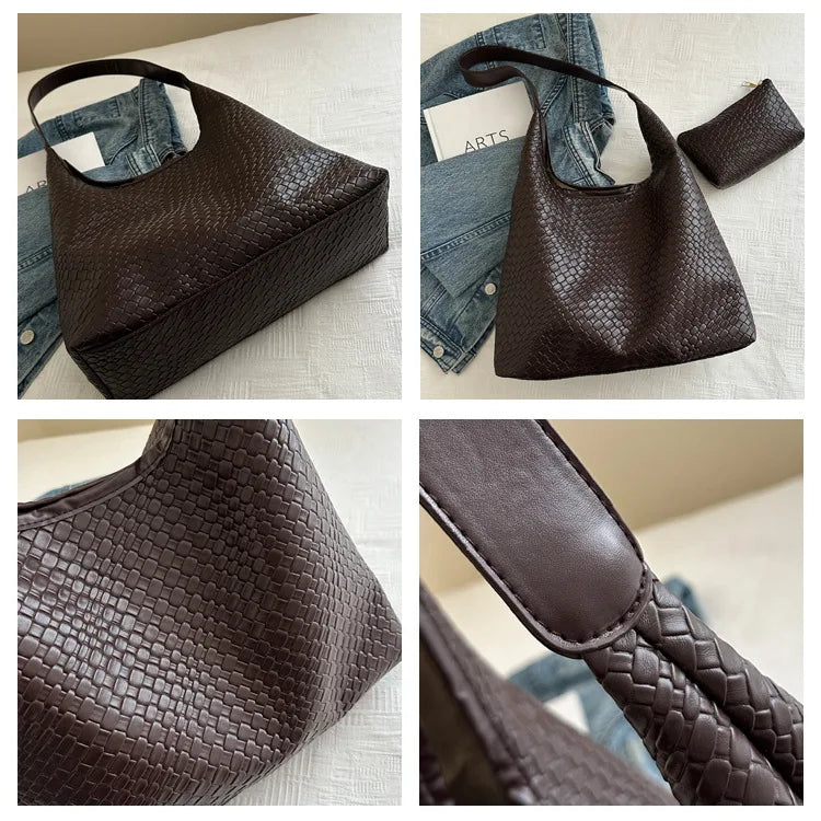 Women's Retro Artificial Leather Woven Pattern Shoulder Bag,Large Capacity Tote Bag,Casual Armpit Bag, Large Tote Bag,Daily Work