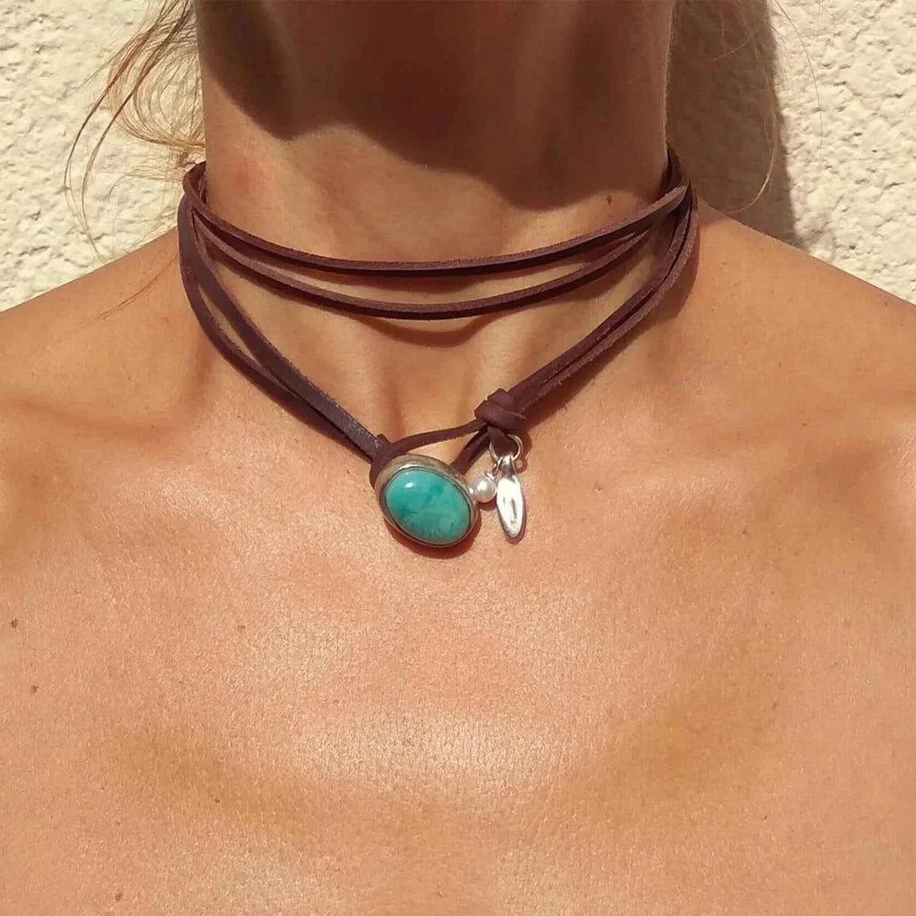 Bohemian Style Necklace for Women Leather Rope Turquoise Pendant Ethnic Vintage Simple Jewelry Gifts Necklace Accessories