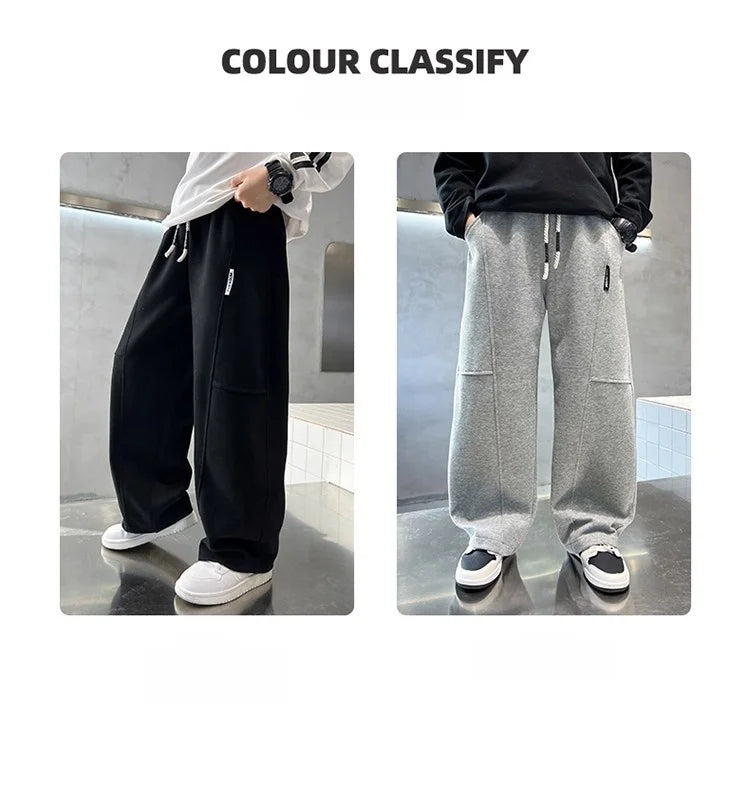 2026 New Spring Casual Kids Pants Black Elastic Waist Straight Leg Sweatpants for Boys Loose Pocket Children Trousers