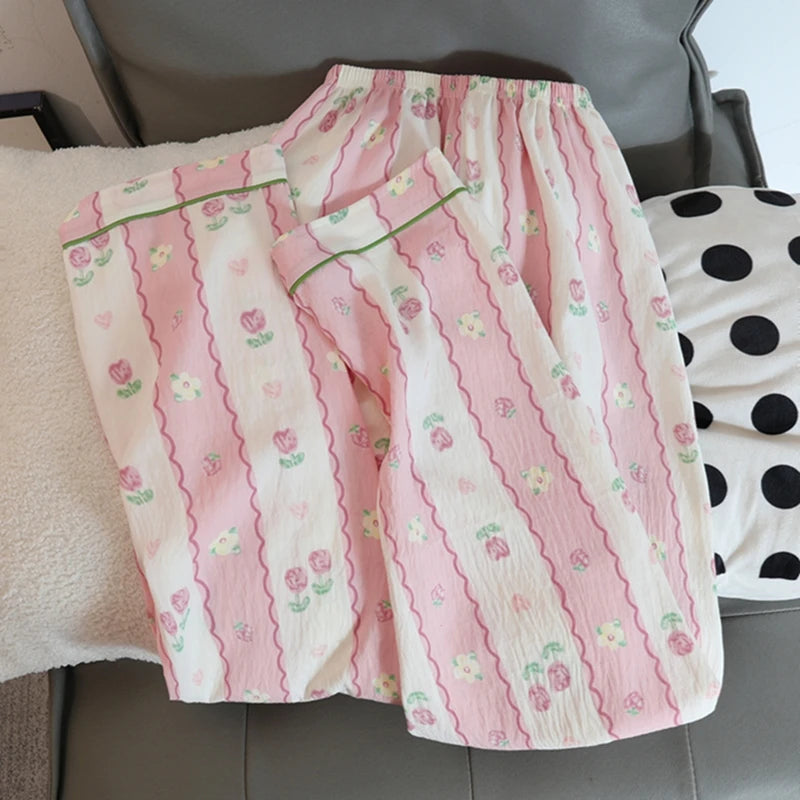 Print Flower Soft Thin Women's Pajama Set Autumn New Casual 2 Pieces Pajama Set Full Length Sleepwear for Sleeping Home Suits