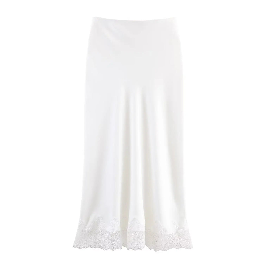 SAW Independent Station Sexy Lace Patchwork Satin Feel Mini Skirt Autumn Fashion Trendy Polyester Fiber Long A-Line Skirt