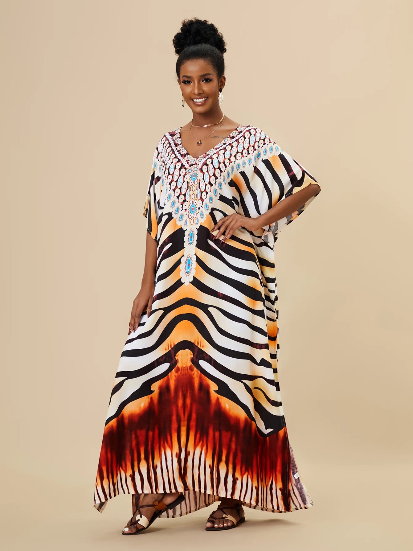 EDOLYNSA 2023 Bohemian Printed Loose Kaftan Casual Summer Vacation Maxi Dress Women Clothing Beach Wear Swim Suit Cover Up Q1469