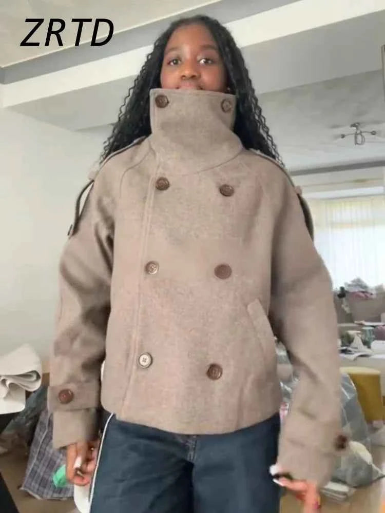 Elegant Women's Short Woolen Coats Stand Collar Double Breasted Long Sleeve Female Jacket 2025 Autumn Winter Lady Warm Outwear