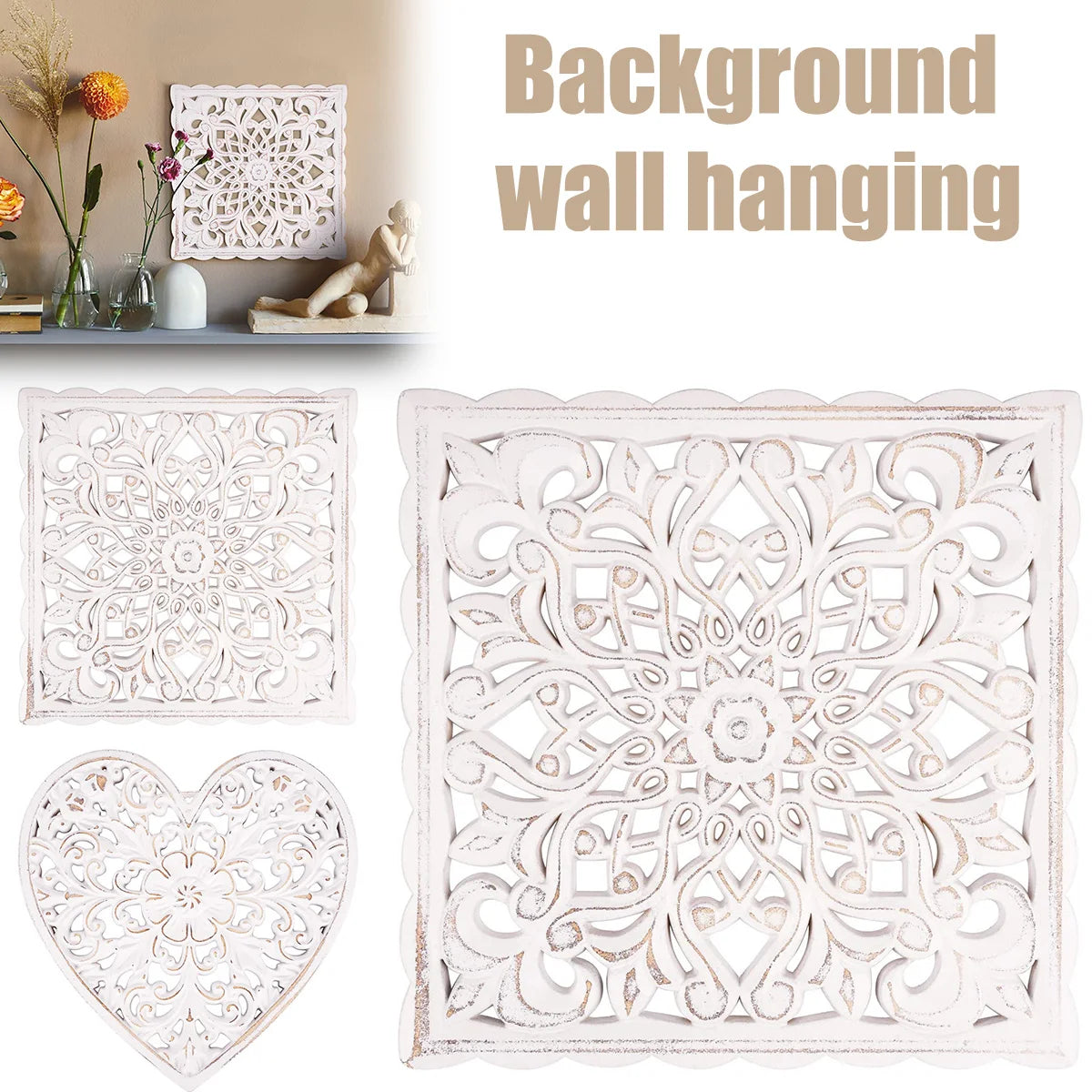 Wooden Wall Decor Floral Hollow Carved Wall Panel Hanging Decor Rustic Wall Art Sculpture Home Wall Ornament for Hallway Bedroom