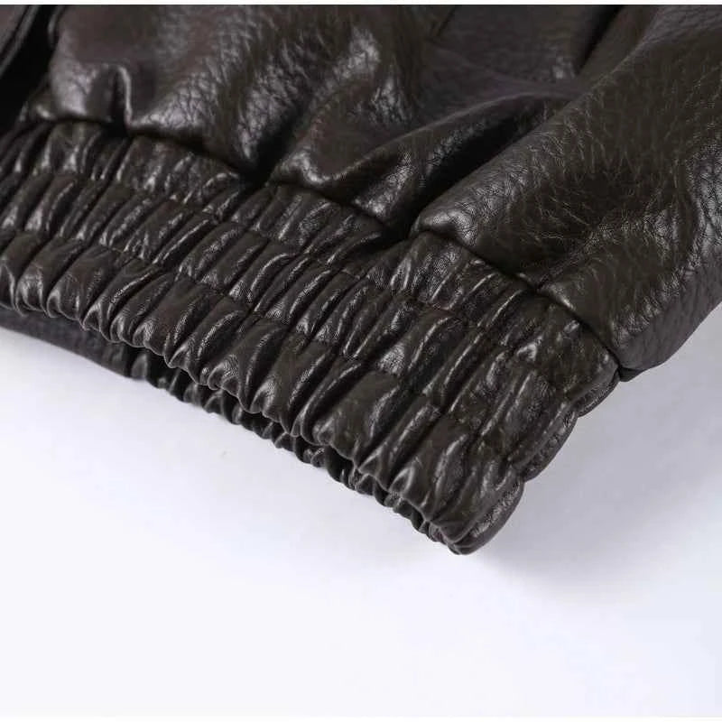 Vintage PU Leather Women's Jacket Stand Collar Zipper Button Coats Female Long Sleeve Outerwear Spring Lady Street Jackets