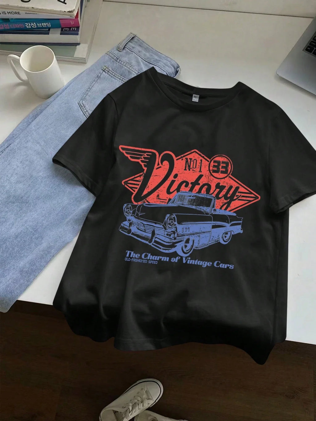 Women Cotton T-shirts The Charm Of Vintage Cars Victory Printing Short Sleeve O-Neck Loose Tops Summer Street Female Clothes