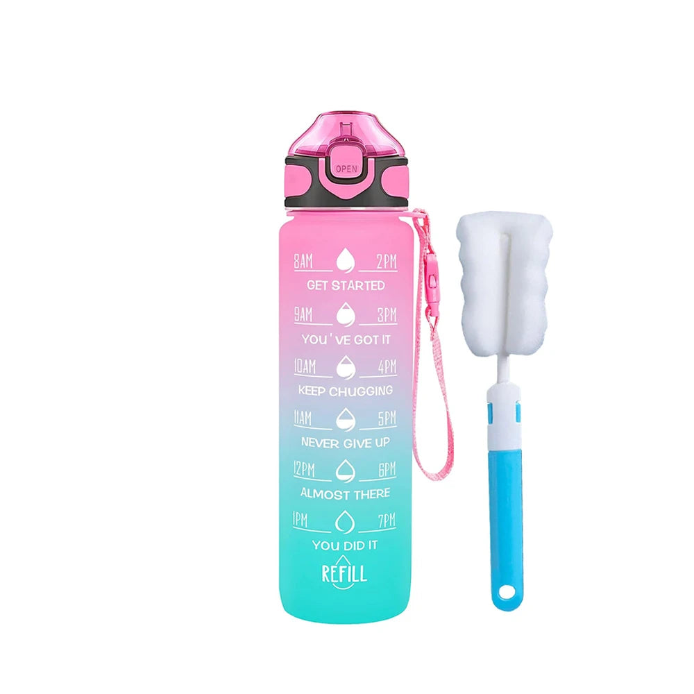 1L Water Bottle With Straw 32oz Water Bottle With Time Marker Motivational Tritan, Bpa Free Leak Proof Water Cup with Brush
