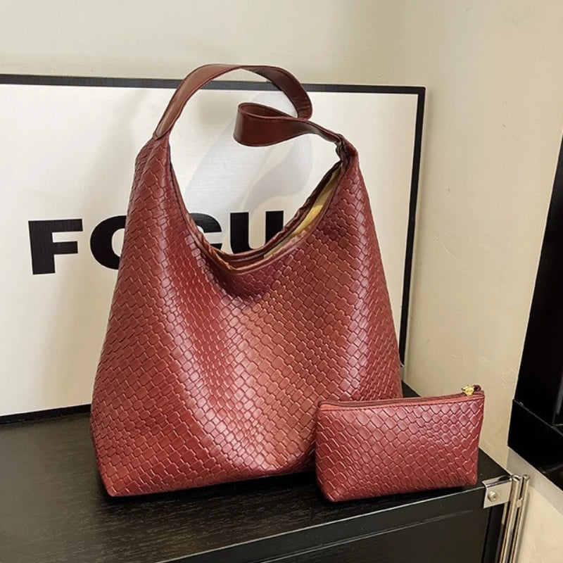Women's Retro Artificial Leather Woven Pattern Shoulder Bag,Large Capacity Tote Bag,Casual Armpit Bag, Large Tote Bag,Daily Work