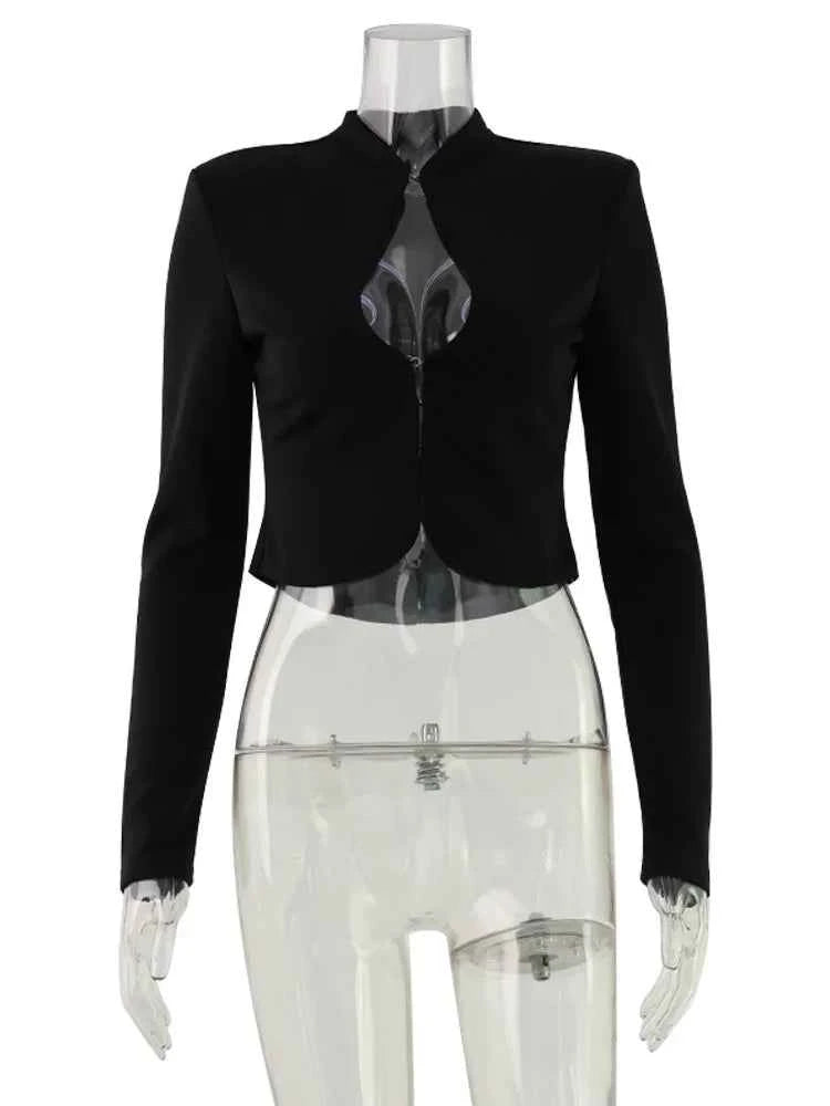 Ahagagag Fashion Women's Tops Sexy Regular Long Sleeves Hollow Out Solid Skinny Zipper Half High Collar Casual Streetwear Basic