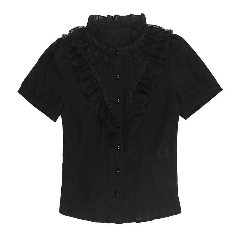 Sweet Lolita Cotton Shirts Women Vintage Gothic Black White Jacquard Short Sleeve Blouses Elegant Office Lady Y2k Tops