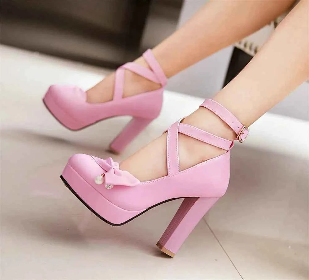 High Heels Women 2025 Trend Chunky Heels Platform Lolita Mary Jane Elegant Party Korean Shoes Dress White The Glossy Fashion