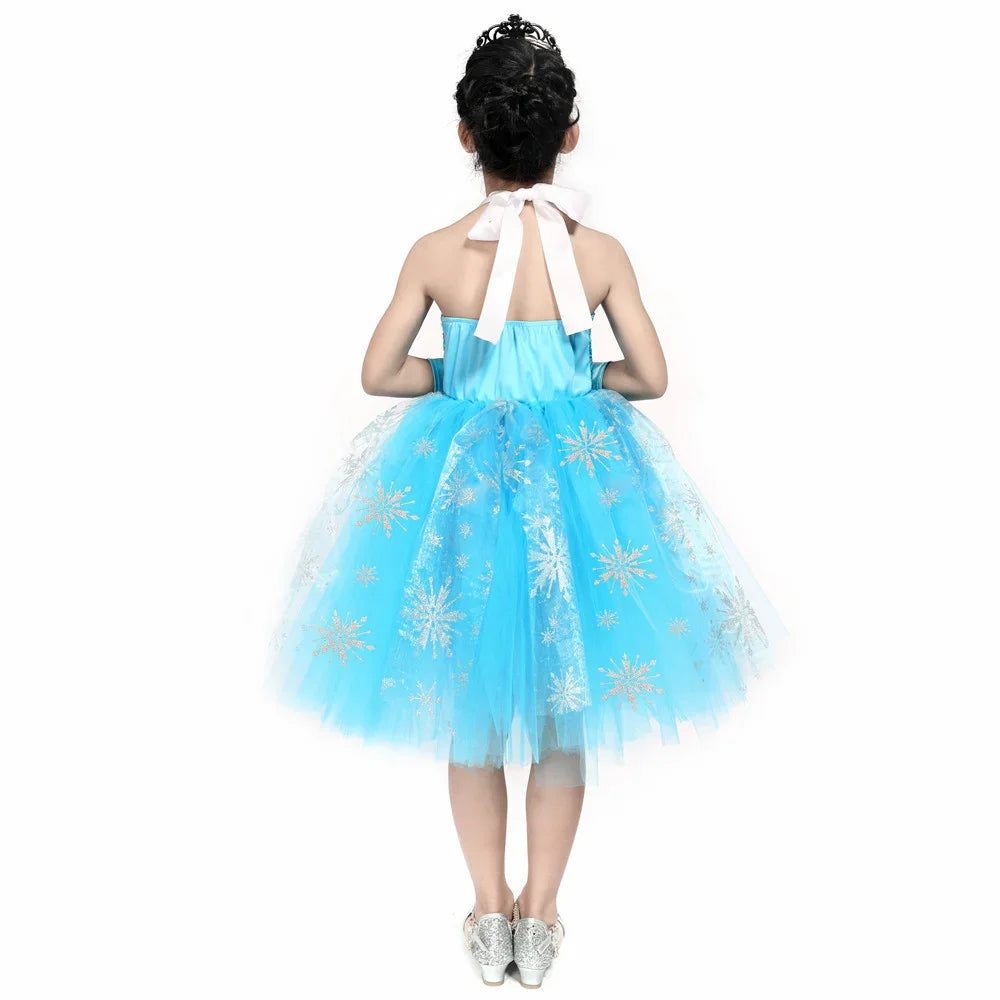 Sequins Elsa Costume for Girls Sky Blue Snow Queen Tutu Dress Snowflake Kids Halloween Birthday Carnival Party Princess Costume