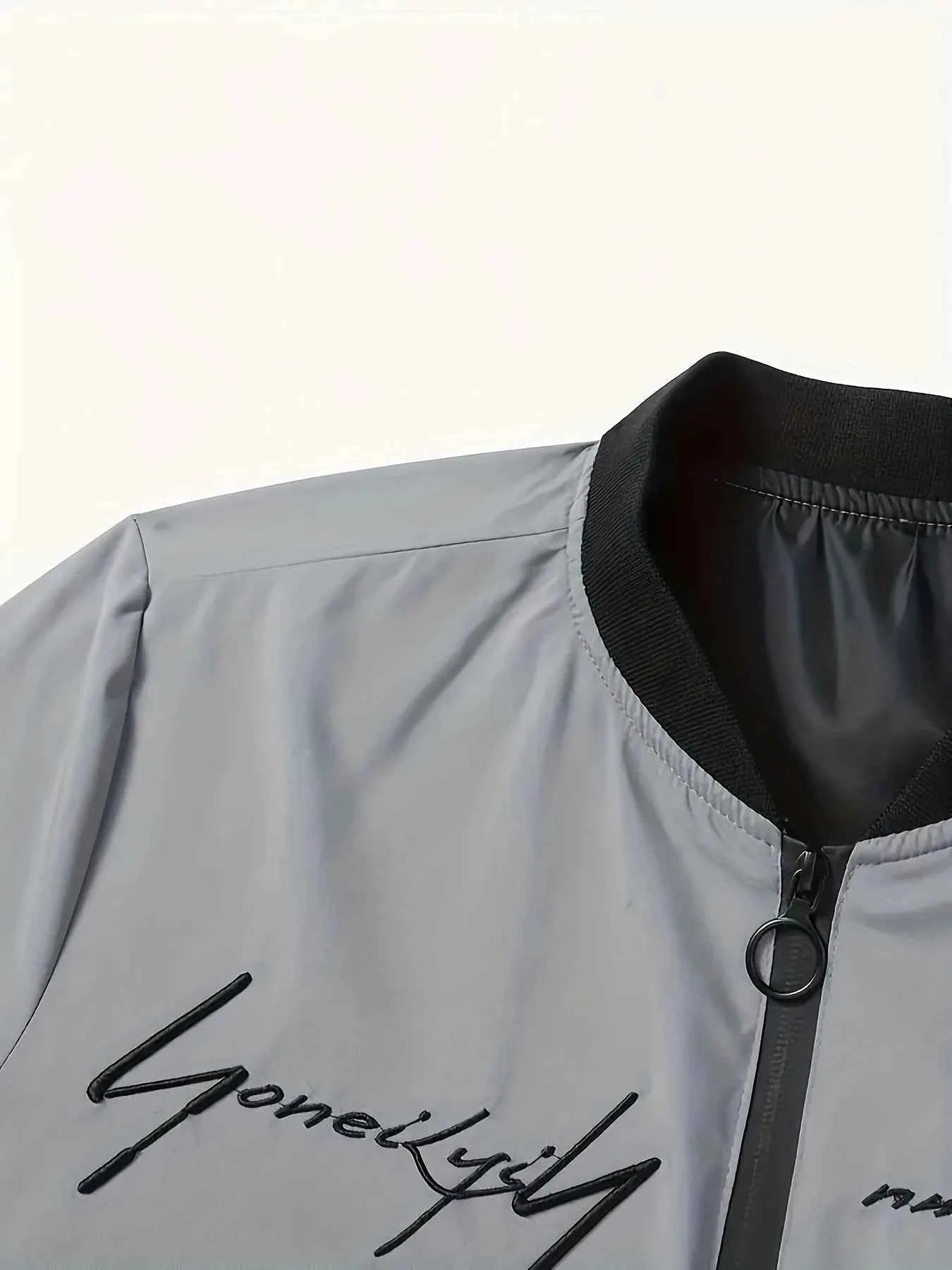 Trendy men's alphabet embroidered bomber jacket - stylish design, versatile casual style