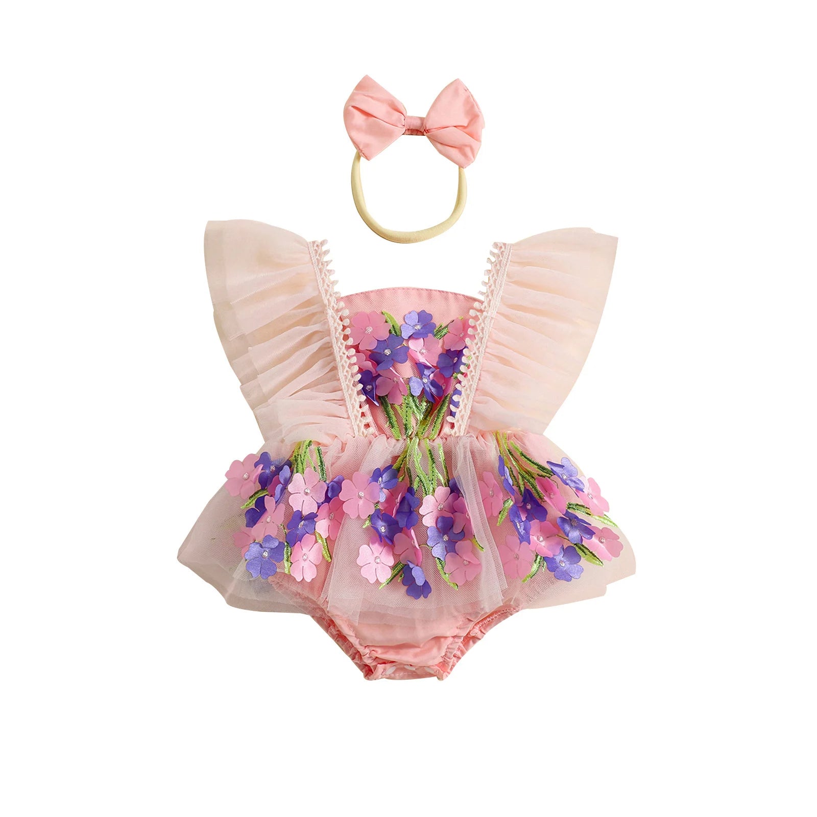 Baby Girl Princess Romper Dress Cute Summer Ruffle Sleeveless 3D Flower Tulle Tutu Rompers with Headband 2Pieces Infants Outfits