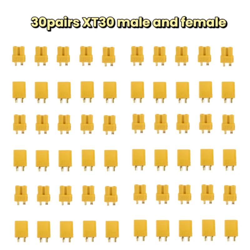 60pcs XT30 Male/Female Bullet Connector Pairs for RC Lipo Battery Motor 15A/30A 18AWG Yellow Plug for Quadcopter FPV Drone