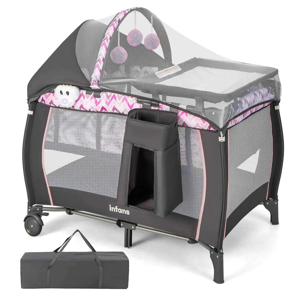 4-in-1 Portable Baby Playard with Bassinet, Changing Table, Canopy & Toys for Newborns to Toddlers (Pink)