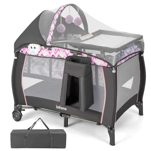 4-in-1 Portable Baby Playard with Bassinet, Changing Table, Canopy & Toys for Newborns to Toddlers (Pink)