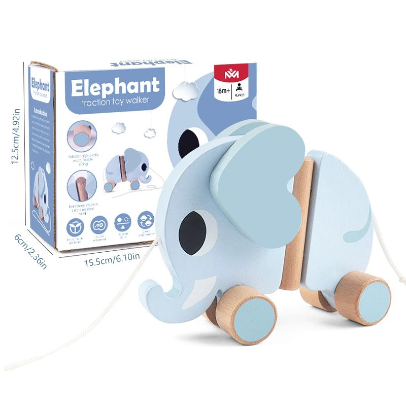 Wooden Children's Elephant Pulling Rope Cart, Towing Toys, Baby Boy and Baby Girl Toddler, Children's Gifts, Early Education Toy