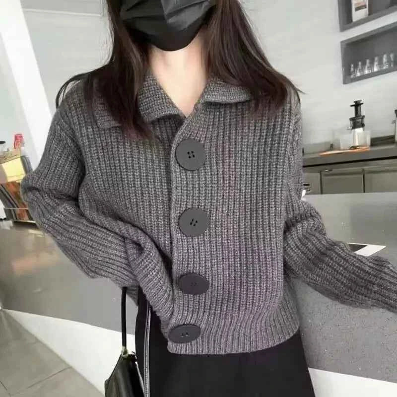 Temperament Fashion Sping Autumn New Sweaters Coats New Women Solid Lapel Button Korean Casual Long Sleeve Cardigan Knitted Tops
