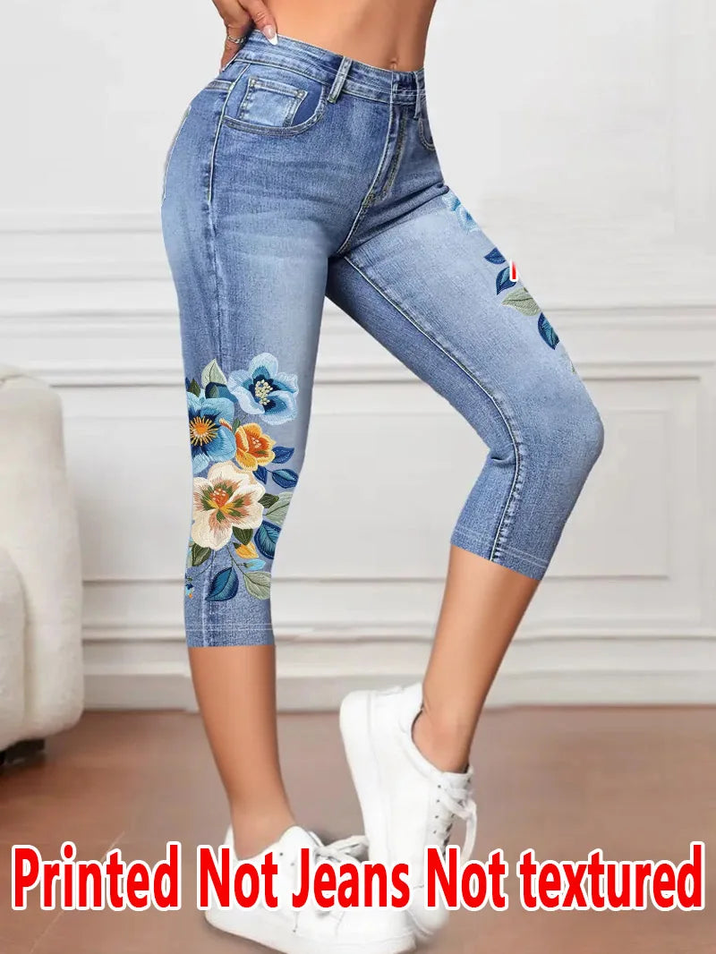 Women’s Floral High-Waist Capri Leggings – Stretch Knit