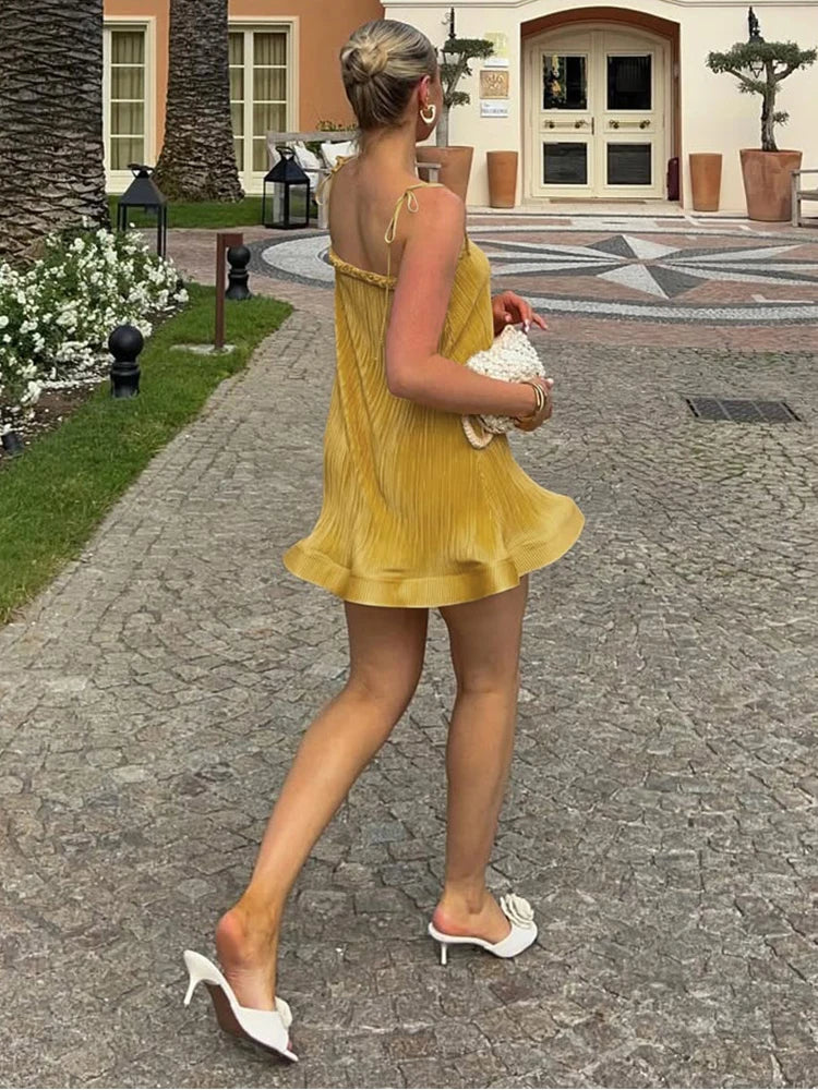 Cutenew Loose Stunning Women Mini Dress Summer Silky Ruffle Woven Strap Splice Sleeveless Vestidos Female Concise Party Frock