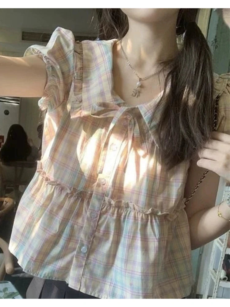 Preppy Style Sweet Plaid Shirt Women Summer Cute Peter Pan Collar Cropped Blouse Kawaii Casual Lace Up Lady Tops New